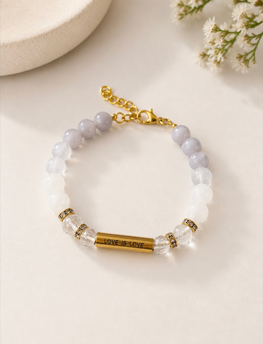 Love Is Love Bracelet with gold-engraved bar and milky white crystal beads — LOUD SOULS