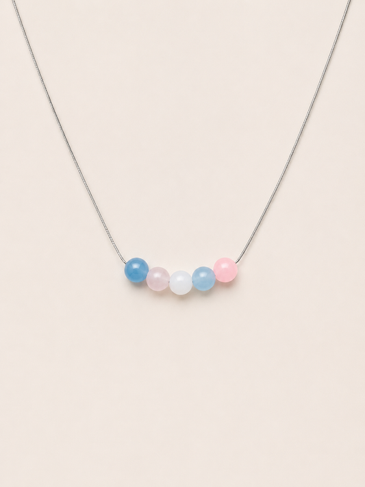 The Alignment Trans Pride Necklace with pastel blue, pink and white beads on a fine silver chain — LOUD SOULS