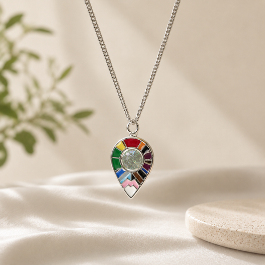 We Are Here Location Pendant with hand-enamelled progress pride flag on a silver chain — LOUD SOULS